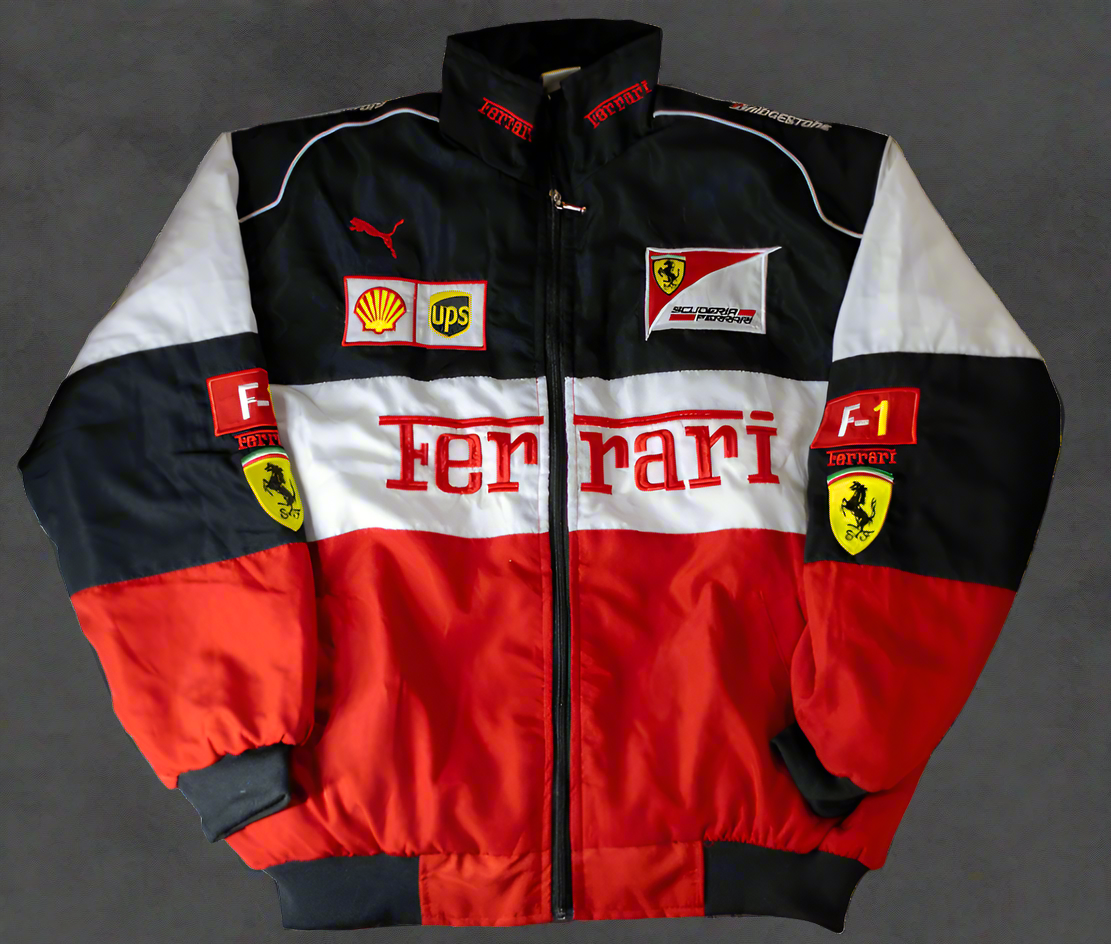 White & Red Ferrari Embroidered Racing Bomber Jacket